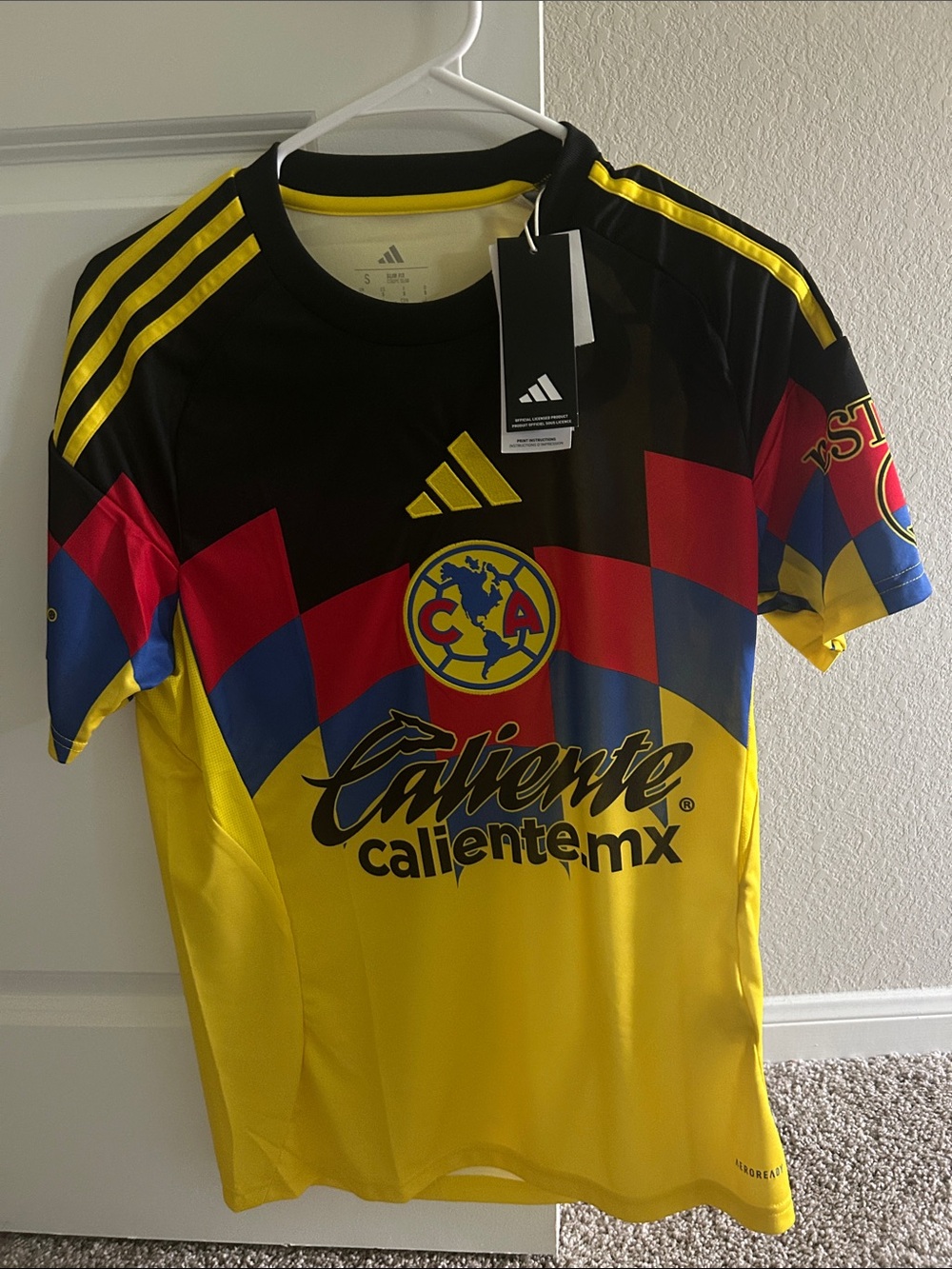 adidas Club América Bold Yellow Black Soccer Jersey with Red & Blue Accents